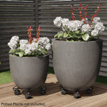 Two large grey planters sitting on black metal round plant caddies on a wooden deck