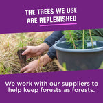 Graphic with hands planting a seedling and text about replenished trees and supplier stewardship