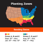 Planting zones map of the United States with color-coded regions and seeding date guidance beneath