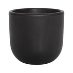 Angled view of a semi-matte black clay planter showing the interior rim and rounded exterior on a white backdrop.