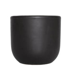 Semi-matte black rounded clay plant pot photographed on a white background, smooth curved sides and flat base.