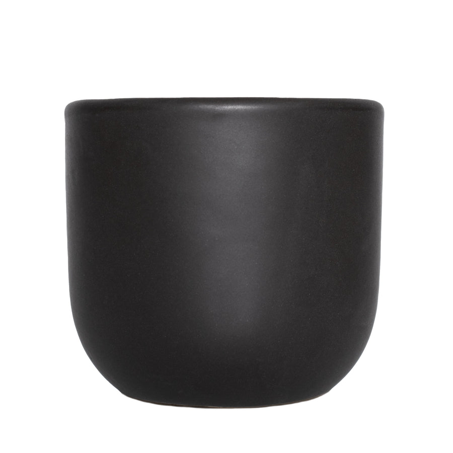 Semi-matte black rounded clay plant pot photographed on a white background, smooth curved sides and flat base.