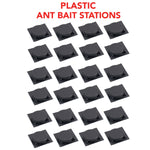 Array of black plastic square ant bait stations arranged on white background with headline text above