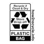 Black and white recycling label stating 'Recycle if Clean & Dry' with a store drop-off logo and 'PLASTIC BAG' text.
