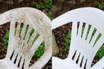 Before-and-after photo of a white outdoor plastic chair back, left stained and right restored to clean white