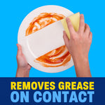 Hands scrubbing a ketchup-stained plate with a sponge over a blue background and 'Removes Grease on Contact' banner