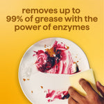 Plate with berry sauce being wiped by a sponge, headline claims grease removal with enzymes on yellow background