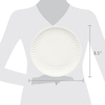 Silhouette graphic showing a 9-inch white paper plate positioned with 9" width and 8.5" height measurements