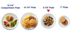 Graphic comparison of four white disposable plate sizes with an arrow pointing to the 8 7/8" plate