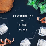Graphic scent panel on dark background with ice cubes, wood and mint accents and the text 'Platinum Ice herbal woody'.