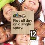 Square wood-textured panel reading “Play all day on a single spray” over smiling children arranged in a circle