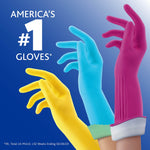 Three colorful household rubber gloves in yellow, blue and magenta with text declaring "America's #1 Gloves" on a blue gradient background.