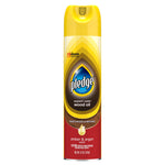 Tall yellow Pledge aerosol can labeled “expert care wood oil” with amber & argan scent on a white background.