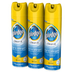Three Pledge Clean It lemon multisurface spray cans shown angled together on white background
