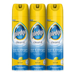 Three Pledge Clean It lemon multisurface spray cans shown front-on with label text and lemon graphic