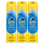 Three yellow-capped Pledge Clean It multisurface dust & allergen spray cans with lemon graphics on white background