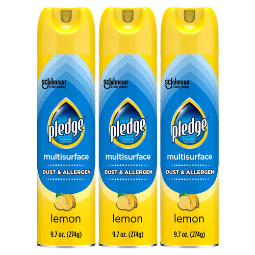 Three yellow-capped Pledge Clean It multisurface dust & allergen spray cans with lemon graphics on white background