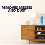 Lifestyle-style image of a wooden credenza with lamp and a Pledge spray bottle at the edge, text reads 'REMOVES MESSES AND DUST'.