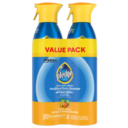 Two Pledge everyday clean multisurface spray bottles in a yellow 'VALUE PACK' wrap, fresh citrus label