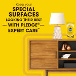 Styled yellow ad showing a mid-century wood cabinet and a Pledge Expert Care wood wipes pouch with promotional copy.
