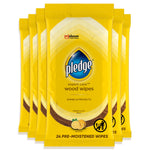 Front-facing yellow Pledge Expert Care wood wipes pouch with lemon graphic, shown as a multi-pack arrangement.
