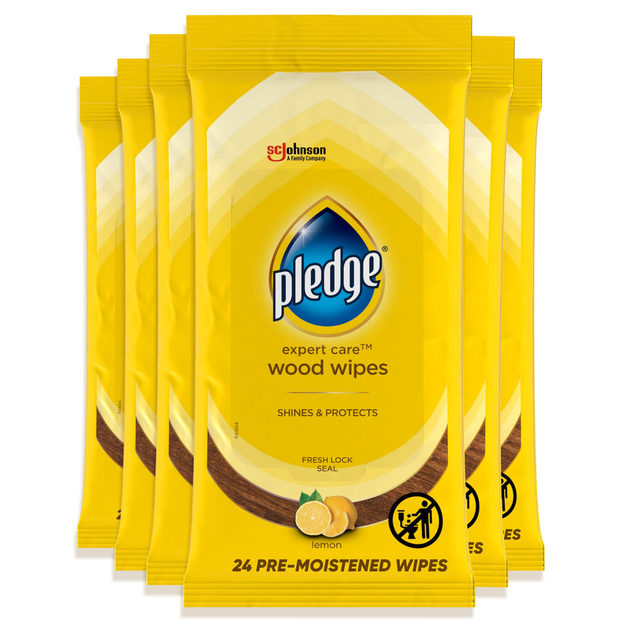 Front-facing yellow Pledge Expert Care wood wipes pouch with lemon graphic, shown as a multi-pack arrangement.
