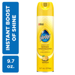 Tall yellow aerosol can of Pledge Expert Care lemon enhancing furniture polish on white background with blue text panels