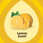 Close-up illustration of sliced lemons with the label 'Lemon Scent' inside a yellow teardrop-shaped design.