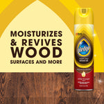 Pledge Expert Care wood oil aerosol can displayed next to bold text saying moisturizes & revives wood surfaces.