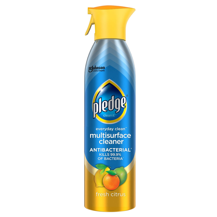 Pledge everyday clean multisurface antibacterial aerosol cleaner in fresh citrus scent with yellow spray top on white background.