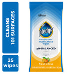 Close-up of Pledge everyday clean multisurface wipes pouch in blue and yellow with fresh citrus label.