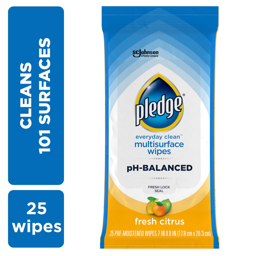 Close-up of Pledge everyday clean multisurface wipes pouch in blue and yellow with fresh citrus label.