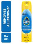 Tall yellow aerosol can of Pledge multisurface dust & allergen cleaner with lemon graphic on white background