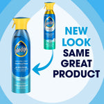 Graphic showing Pledge multisurface spray bottle with arrow to an older bottle and text reading 'NEW LOOK SAME GREAT PRODUCT' on blue background.