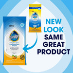 Promotional graphic showing old and new Pledge multisurface wipes packaging with text 'NEW LOOK SAME GREAT PRODUCT'.