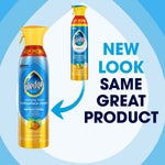 Pledge multisurface cleaner spray can with arrow to older can and text 'NEW LOOK SAME GREAT PRODUCT' on blue background