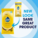 Promotional graphic showing new-look Pledge wood wipes pouch and arrow with text 'New Look Same Great Product'.
