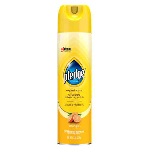 Tall yellow aerosol can of Pledge Expert Care orange enhancing furniture polish with brand logo and small orange fruit graphic at base.