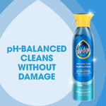 Pledge multisurface spray bottle on a blue themed background with large text 'pH-BALANCED CLEANS WITHOUT DAMAGE'.