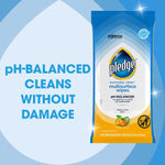 Pledge multisurface wipes package on a blue background with text 'pH-BALANCED CLEANS WITHOUT DAMAGE'.
