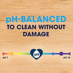 Wood-textured panel with bold text 'pH-BALANCED TO CLEAN WITHOUT DAMAGE' and a pH scale graphic across the bottom.