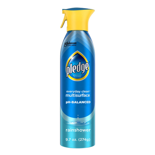 Tall blue Pledge multisurface spray bottle with yellow trigger, rainshower label and pH-balanced branding on a white background.