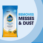 Pledge multisurface wipes package on a blue circular background with bold text 'REMOVES MESSES & DUST'.