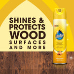 Pledge orange enhancing polish aerosol can on wood floor graphic with bold text 'SHINES & PROTECTS WOOD SURFACES AND MORE'