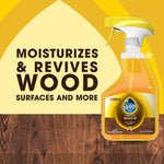 Pledge wood oil spray bottle beside bold text reading Moisturizes & Revives Wood over a wood grain background