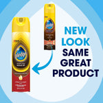 Two Pledge wood oil spray cans showing new and previous packaging with arrow and text promoting same product.