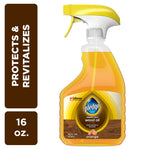 Single Pledge expert care wood oil spray bottle with yellow trigger and brown label on white background with side banners