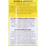 Back of a yellow Pledge wood wipes pouch showing usage directions, resealable pouch instructions and product copy
