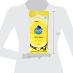 Yellow Pledge wood wipes pouch shown with scale overlay indicating approximate height and width