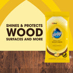 Pledge Expert Care wood wipes pouch on a wood background with bold text 'Shines & Protects Wood Surfaces and More'.